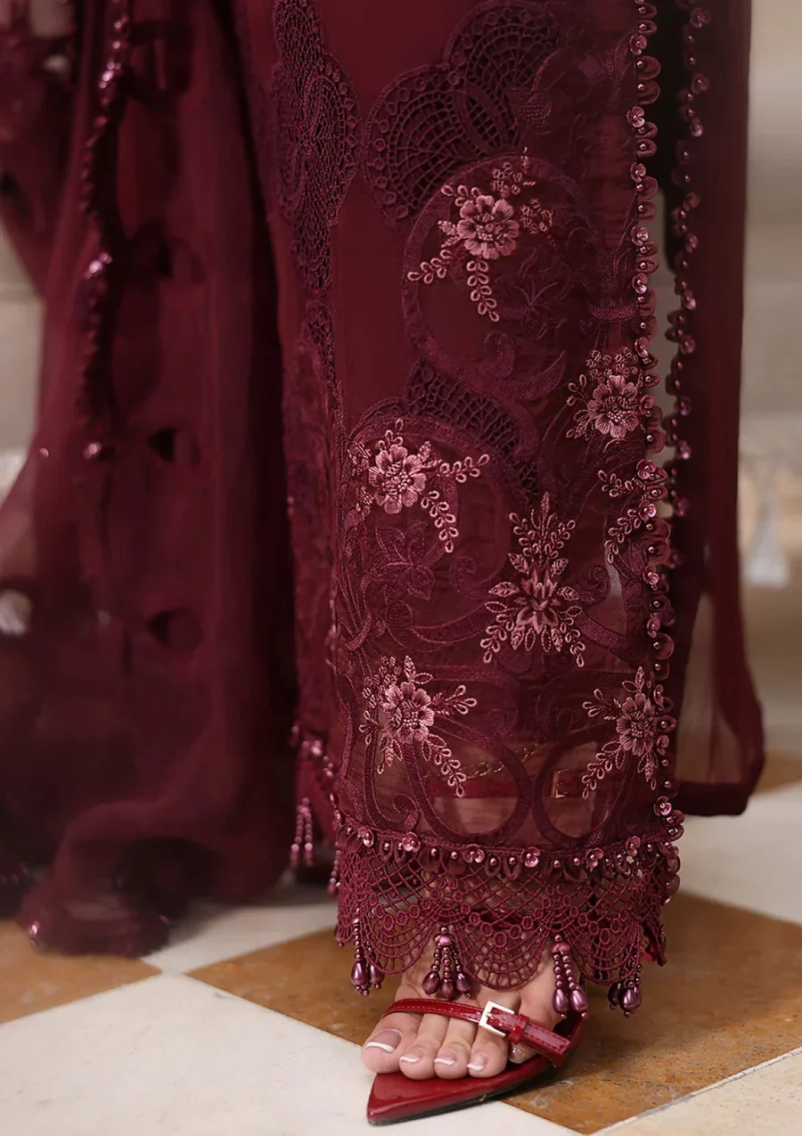 MARIA B Embroidered Chiffon clothing in maroon tones.